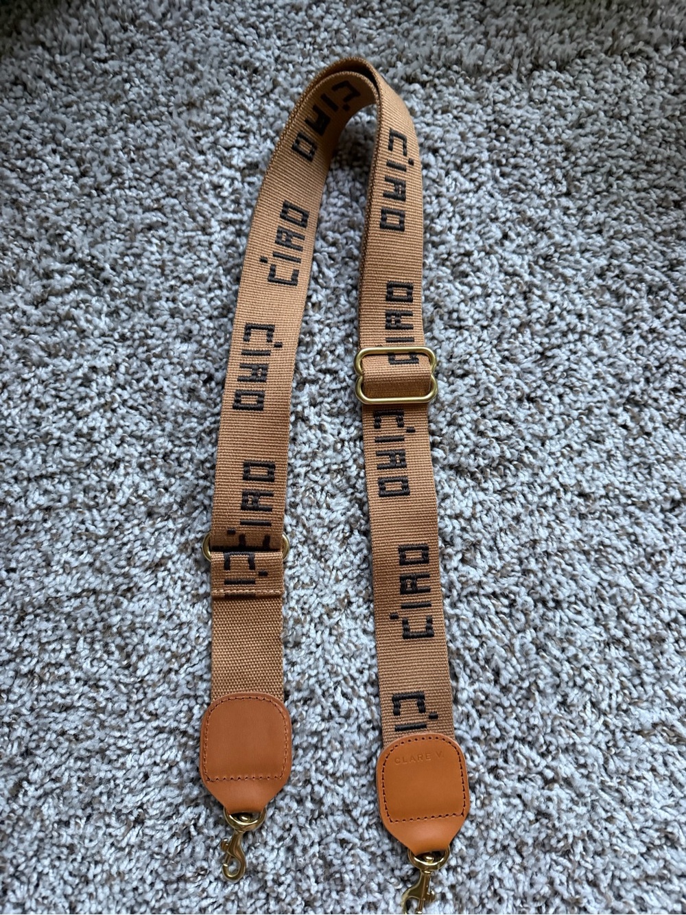Clare V Tan Canvas Strap with Brown Ciao Logo and Brass Hardware